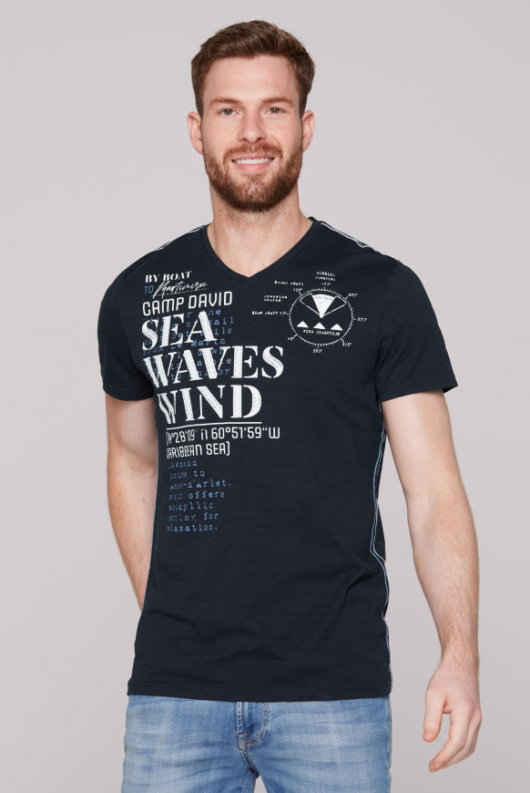 CAMP DAVID T-Shirt mit V-Neck und Wording Prints - navy