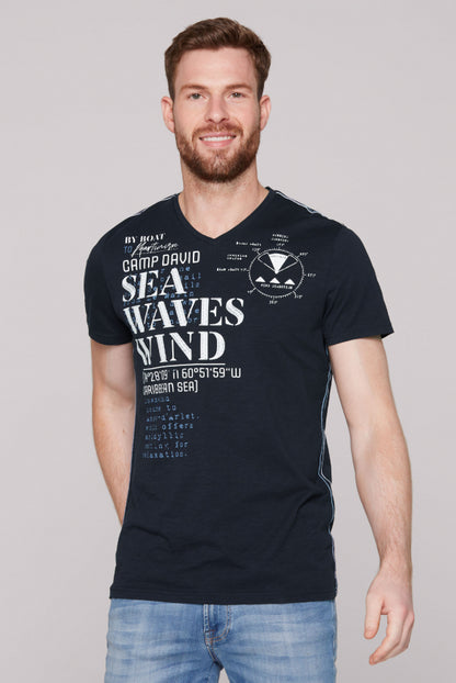 CAMP DAVID T-Shirt mit V-Neck und Wording Prints - navy