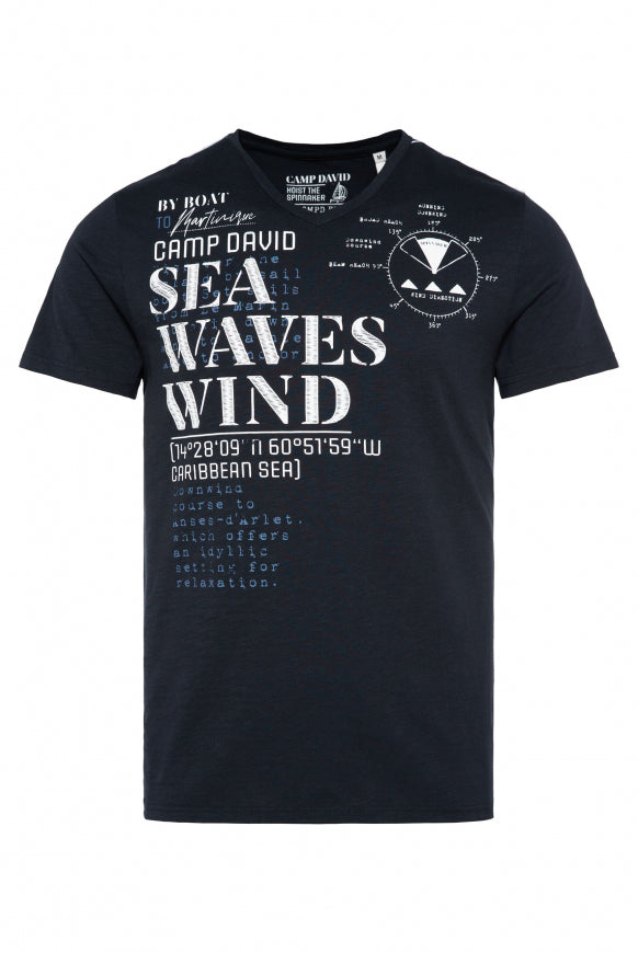 CAMP DAVID T-Shirt mit V-Neck und Wording Prints - navy