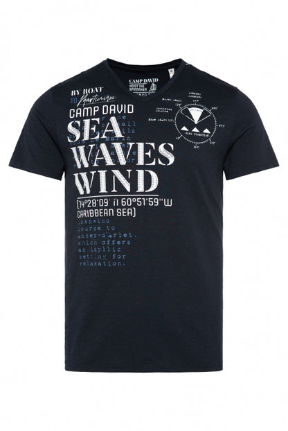 CAMP DAVID T-Shirt mit V-Neck und Wording Prints - navy