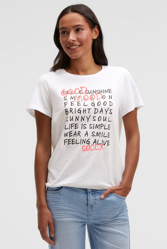 SOCCX T-Shirt mit Wording Print und Elastiksaum