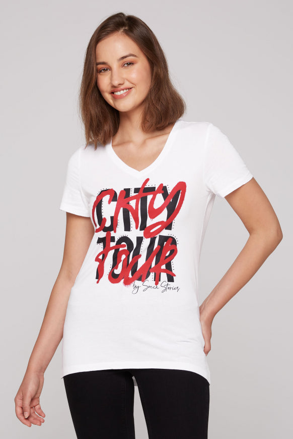 SOCCX T-Shirt mit Wording Print und Schmucksteinen - opticwhite