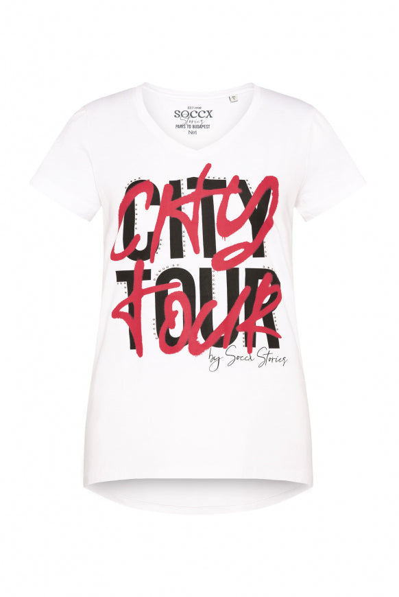 SOCCX T-Shirt mit Wording Print und Schmucksteinen - opticwhite