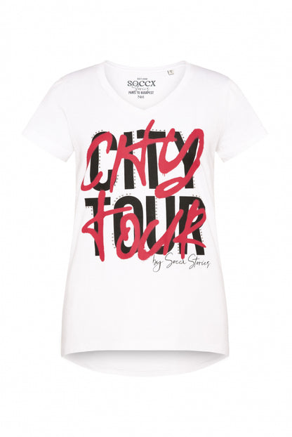 SOCCX T-Shirt mit Wording Print und Schmucksteinen - opticwhite