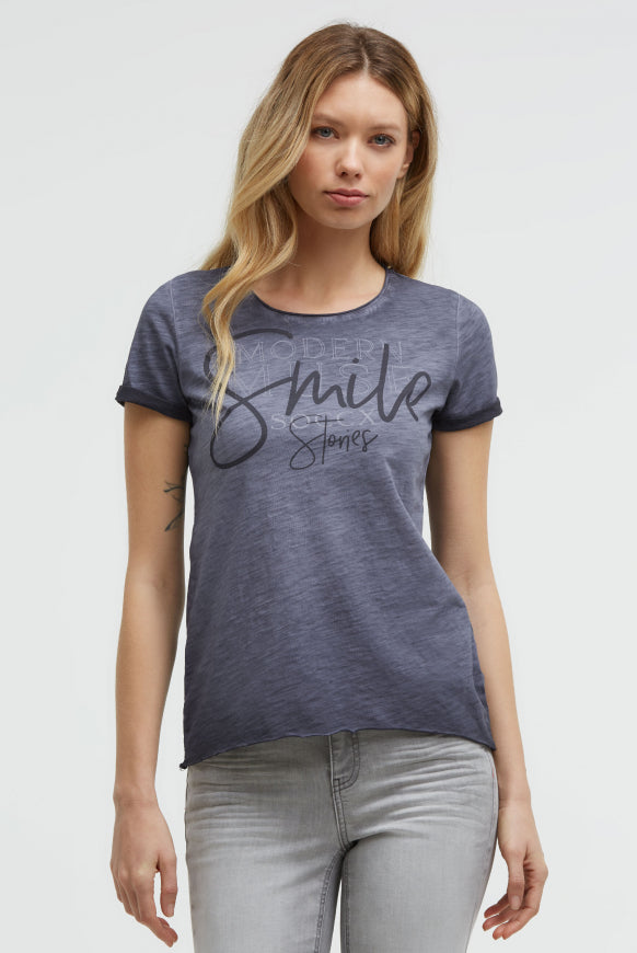SOCCX T-Shirt Rundhals mit Artwork und Used Look - blue grey
