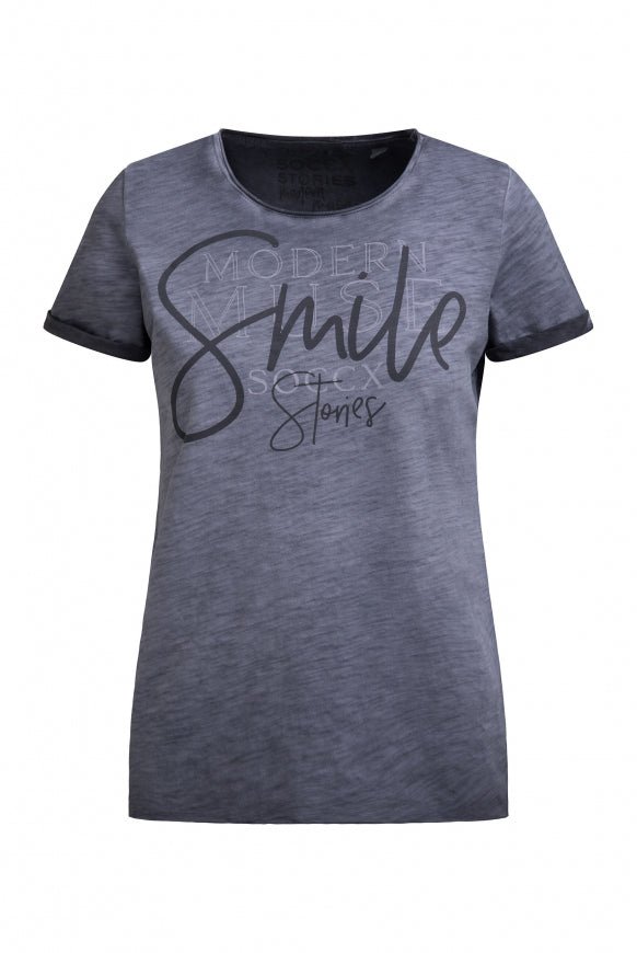 SOCCX T-Shirt Rundhals mit Artwork und Used Look - blue grey