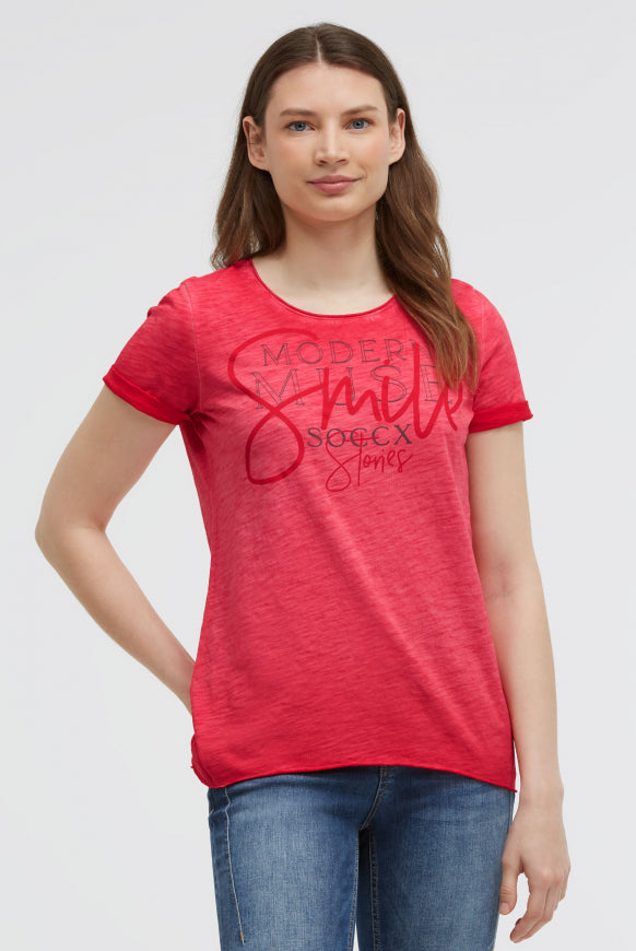 SOCCX T-Shirt Rundhals mit Artwork und Used Look - red orange