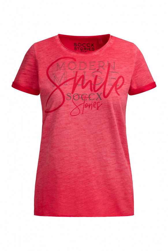 SOCCX T-Shirt Rundhals mit Artwork und Used Look - red orange
