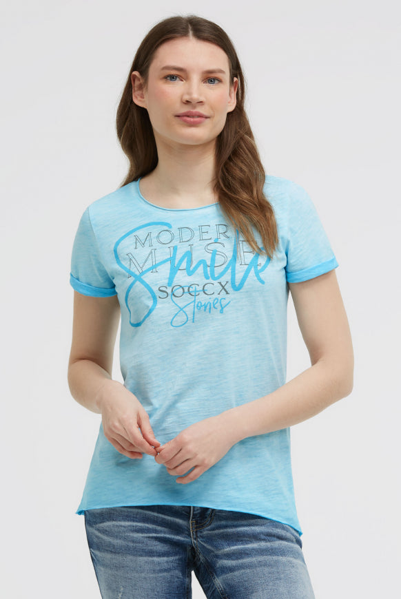 SOCCX T-Shirt Rundhals mit Artwork und Used Look - summer aqua