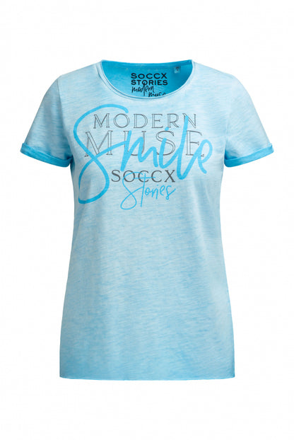 SOCCX T-Shirt Rundhals mit Artwork und Used Look - summer aqua