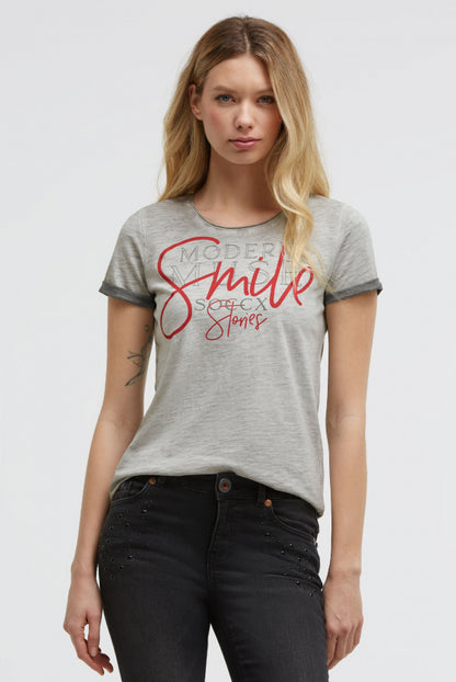 SOCCX T-Shirt Rundhals mit Artwork und Used Look - shadow
