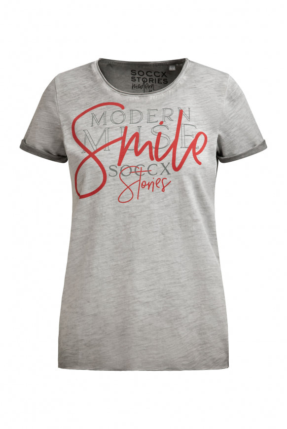 SOCCX T-Shirt Rundhals mit Artwork und Used Look - shadow