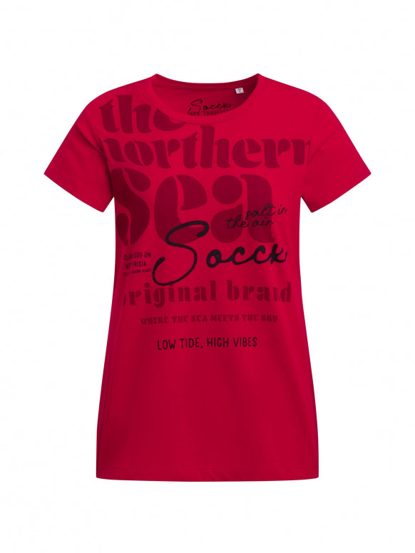 SOCCX T-Shirt Rundhals mit Label Print - clear red
