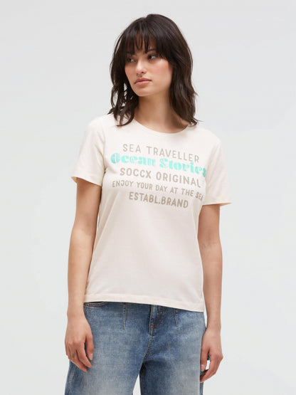 SOCCX T-Shirt Rundhals mit Label Print - shell sand