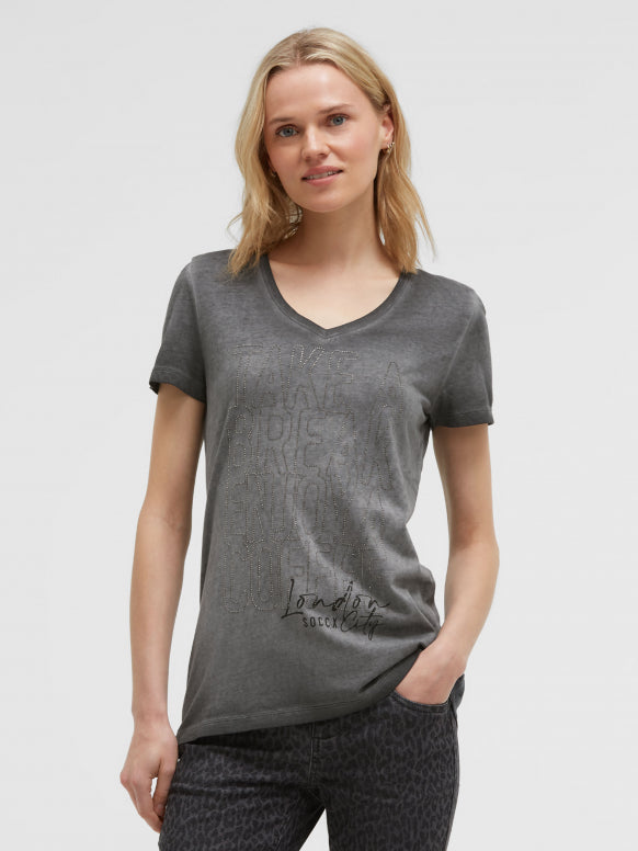 SOCCX T-Shirt V-Ausschnitt mit Artwork aus Schmucksteinen - black