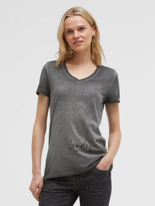 SOCCX T-Shirt V-Ausschnitt mit Artwork aus Schmucksteinen - black