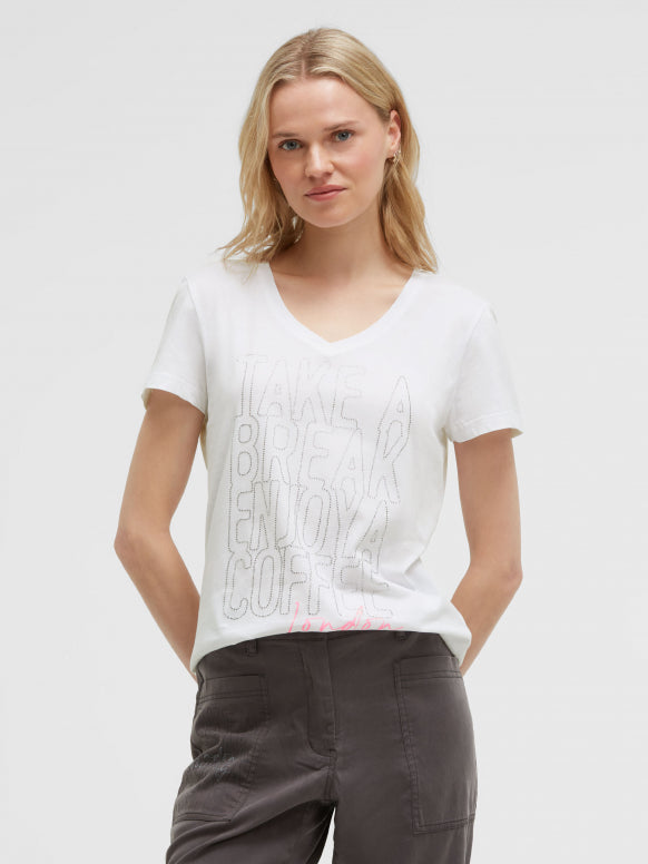 SOCCX T-Shirt V-Ausschnitt mit Artwork aus Schmucksteinen - opticwhite