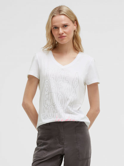 SOCCX T-Shirt V-Ausschnitt mit Artwork aus Schmucksteinen - opticwhite