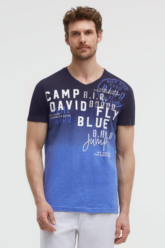 CAMP DAVID T-Shirt V-Neck Dip Dye mit Prints - blue navy