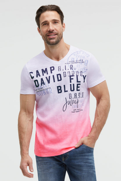 CAMP DAVID T-Shirt V-Neck Dip Dye mit Prints - neon pink