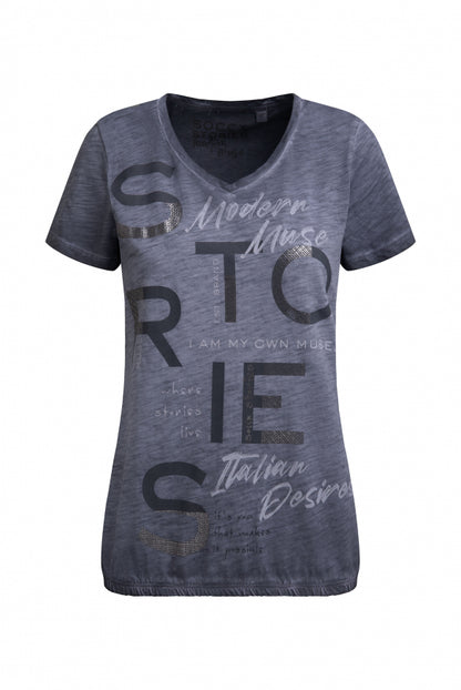 SOCCX T-ShirtV-Neck mit Folienprint und Elastiksaum - blue grey