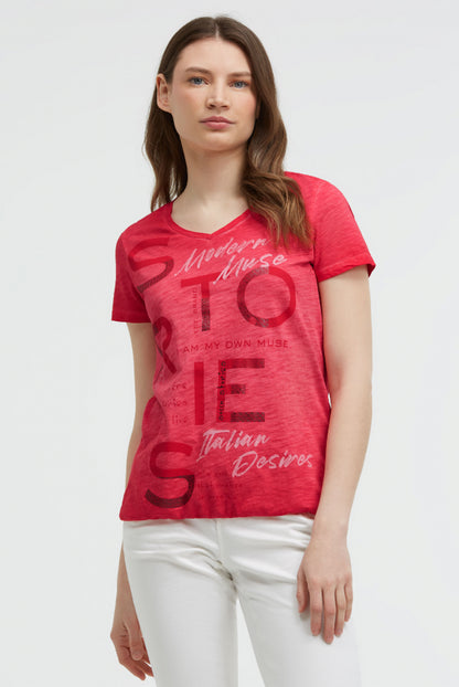 SOCCX T-ShirtV-Neck mit Folienprint und Elastiksaum - red orange
