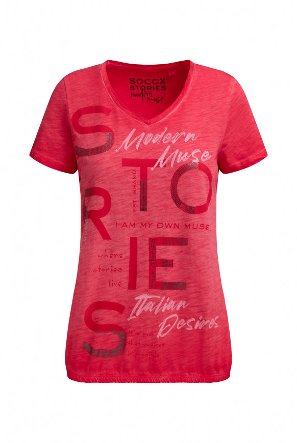 SOCCX T-ShirtV-Neck mit Folienprint und Elastiksaum - red orange