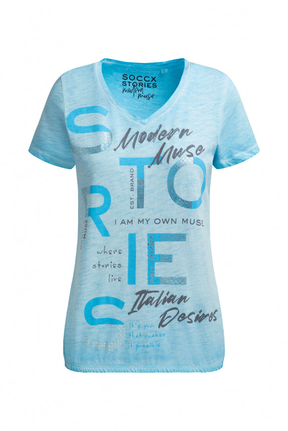 SOCCX T-ShirtV-Neck mit Folienprint und Elastiksaum - summer aqua