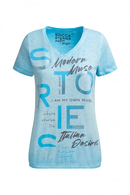 SOCCX T-ShirtV-Neck mit Folienprint und Elastiksaum - summer aqua