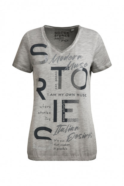 SOCCX T-ShirtV-Neck mit Folienprint und Elastiksaum - shadow