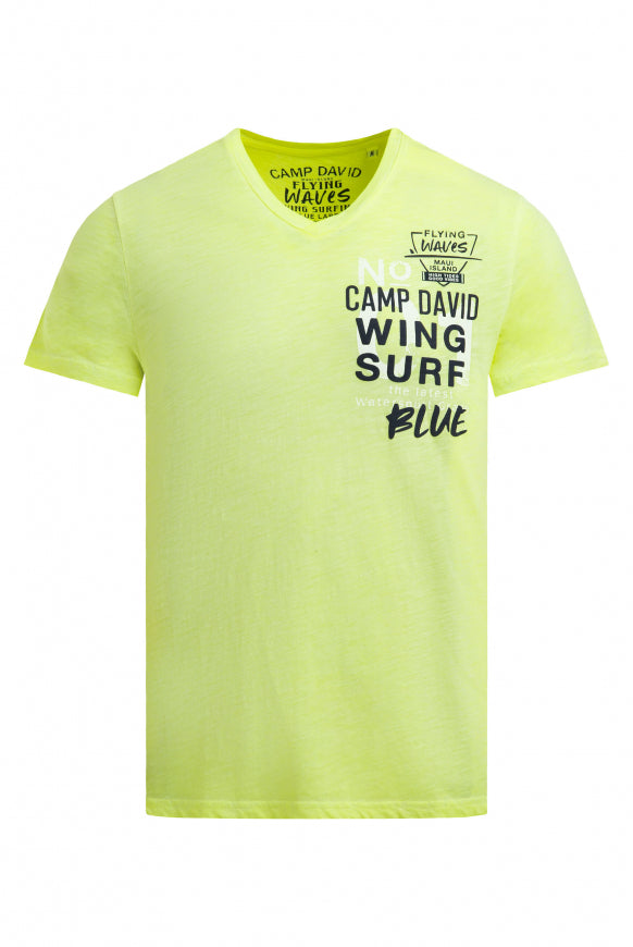 CAMP DAVID T-Shirt V-Neck Oil Dyed mit Puffprint - neon lime