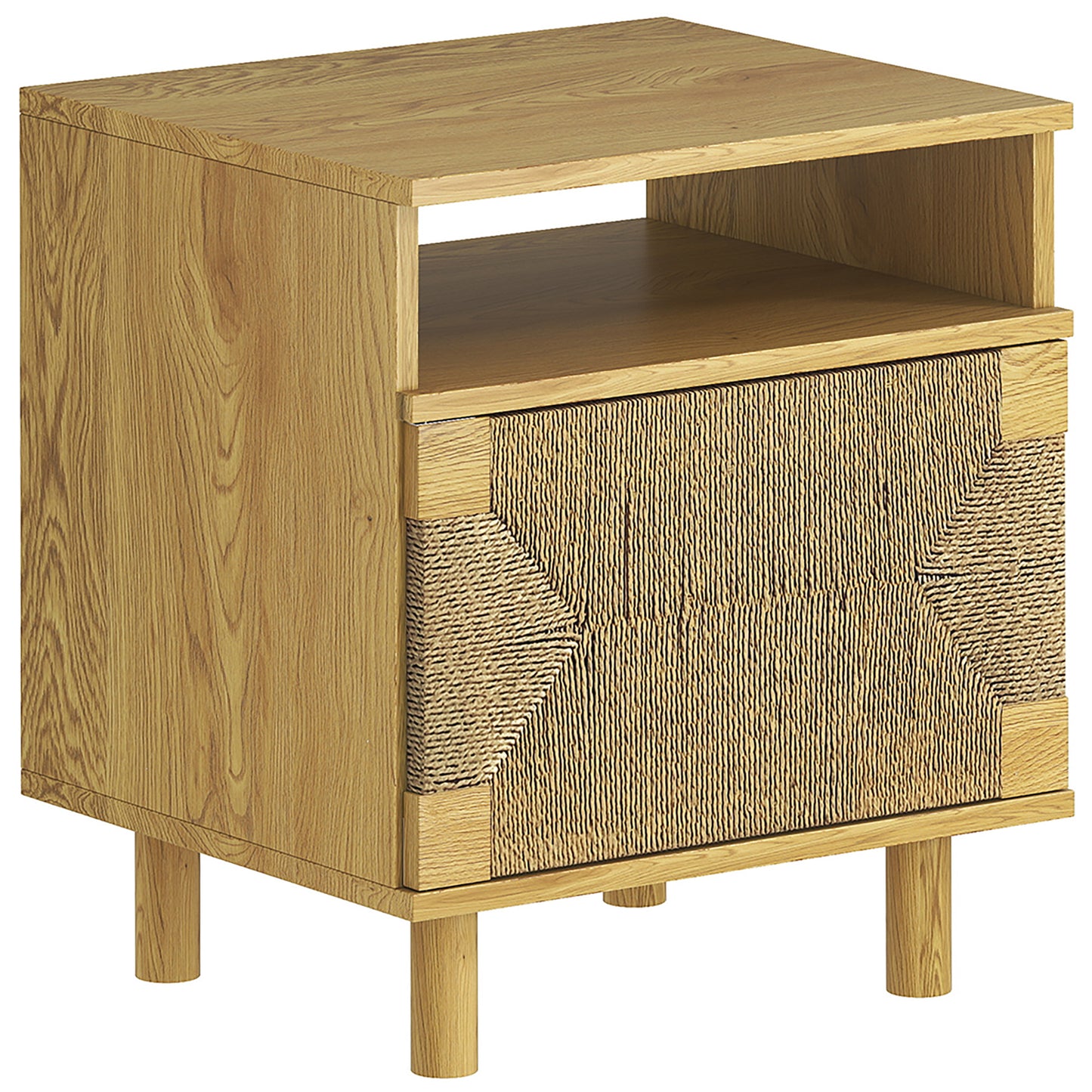 HOMCOM Nachttisch im Boho‑Stil mit Tür aus Papierseil, Nachttisch mit offenem Fach, Holzbeine und Drucköffnung, Beistelltisch für Schlafzimmer, Wohnzimmer, 45x39x50 cm, Eiche   Aosom