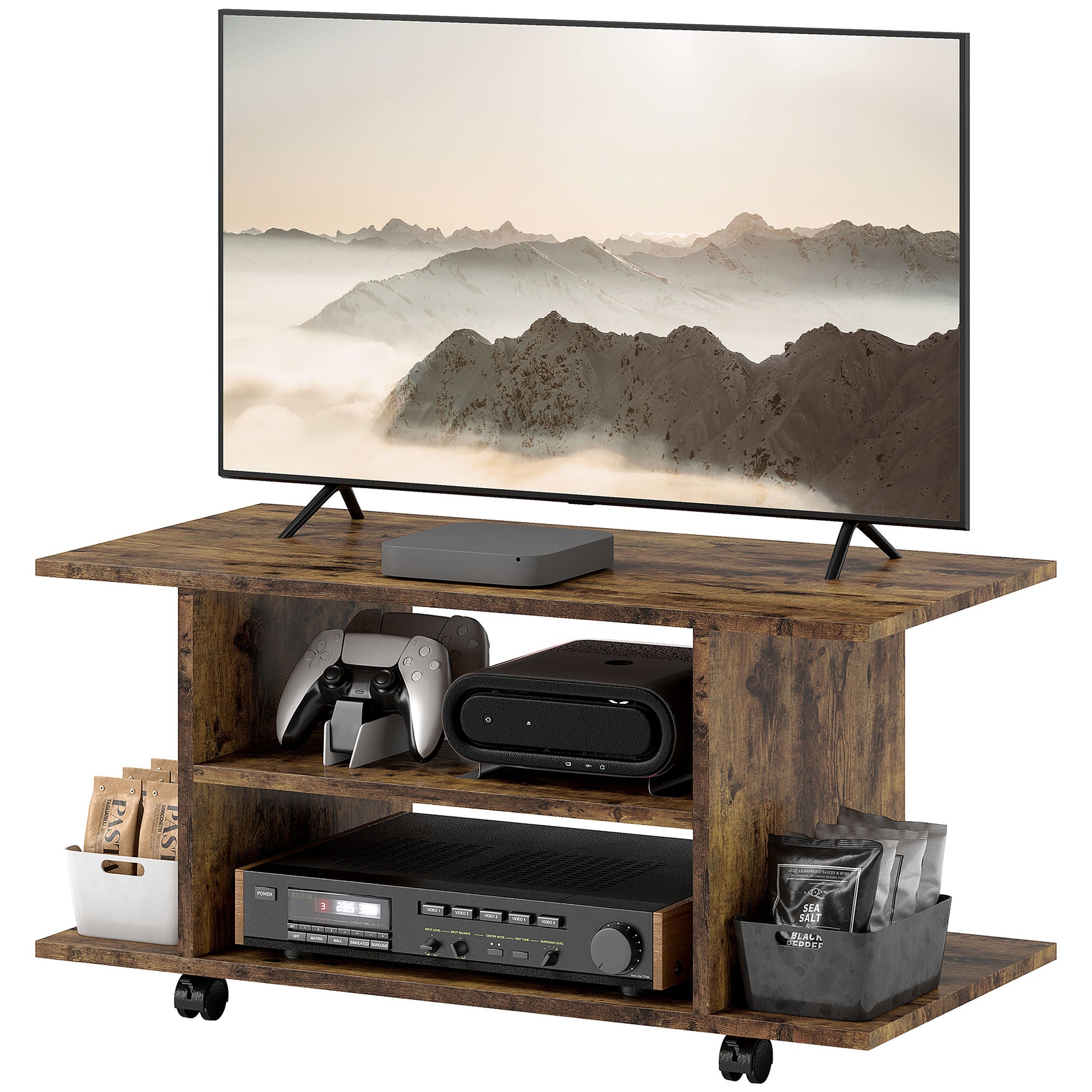HOMCOM Modernes TV-Möbel mit Regalen, TV-Schrank mit 42" Rollen und Bremsen, 2 kleine Seitenregale für Wohnzimmer und Schlafzimmer, 80x40x40 cm, Rustikales Braun   Aosom