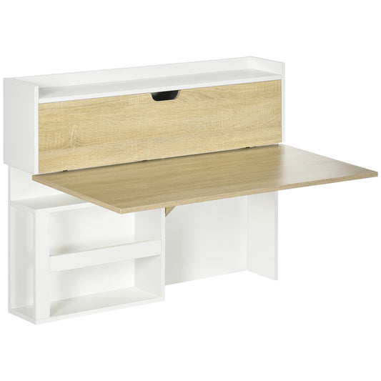 HOMCOM Klappbarer Wandtisch mit Stauraumregalen und Schrank, klappbarer Schreibtisch, klappbarer Wandtisch, platzsparende Option für Wohnzimmer, Esszimmer, kleine Räume, Naturholzoptik   Aosom