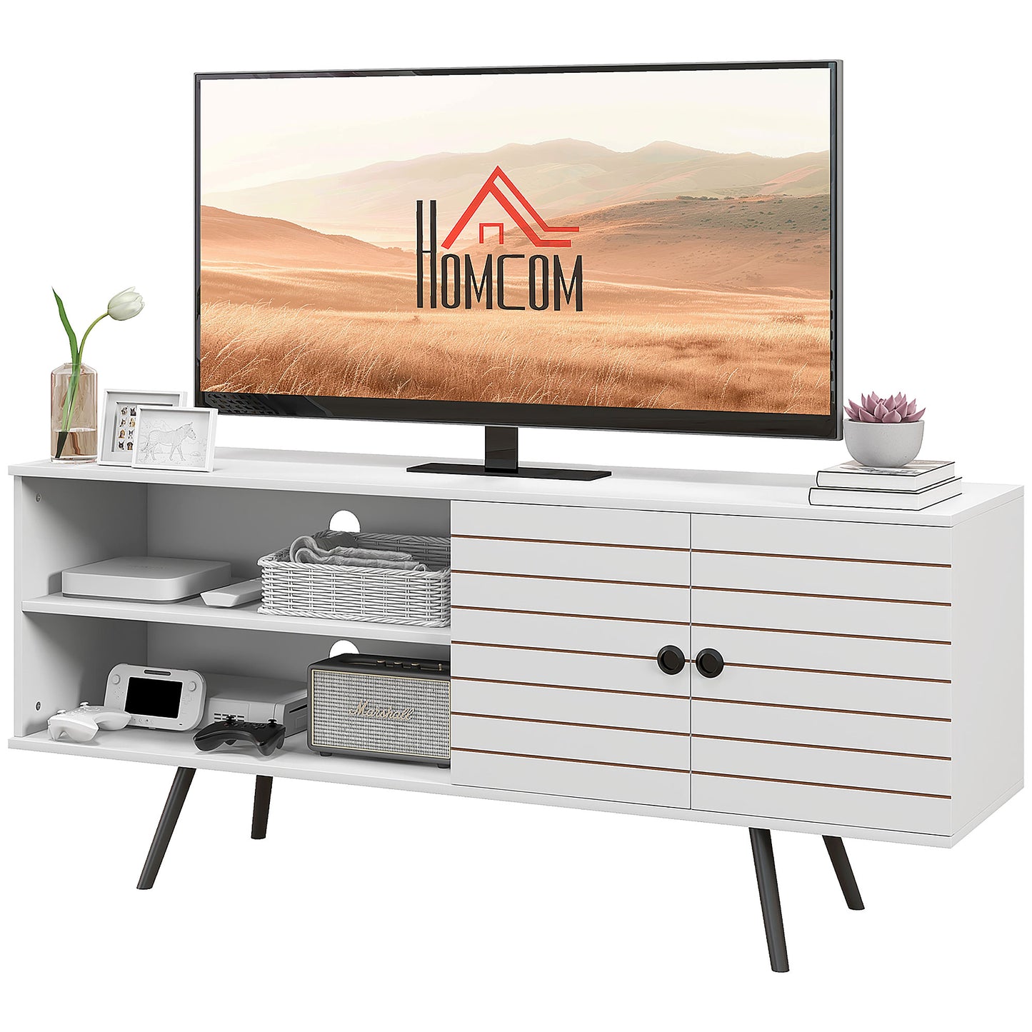 HOMCOM TV-Möbel TV-Bank TV-Möbel für Fernseher bis zu 65 Zoll mit 2 offenen Fächern und 1 verstellbarem Regal 145x38x65 cm Weiß   Aosom