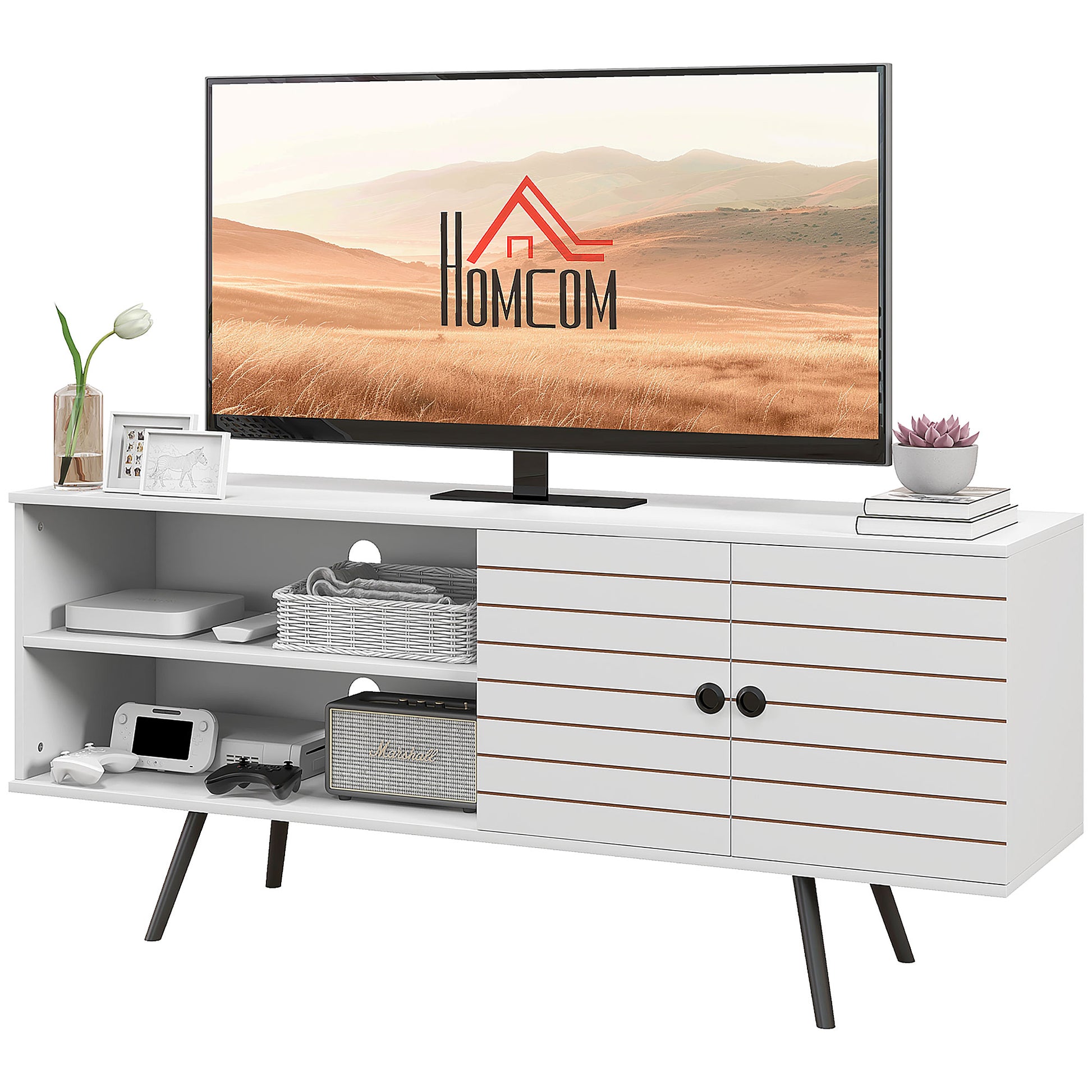 HOMCOM TV-Möbel TV-Bank TV-Möbel für Fernseher bis zu 65 Zoll mit 2 offenen Fächern und 1 verstellbarem Regal 145x38x65 cm Weiß   Aosom