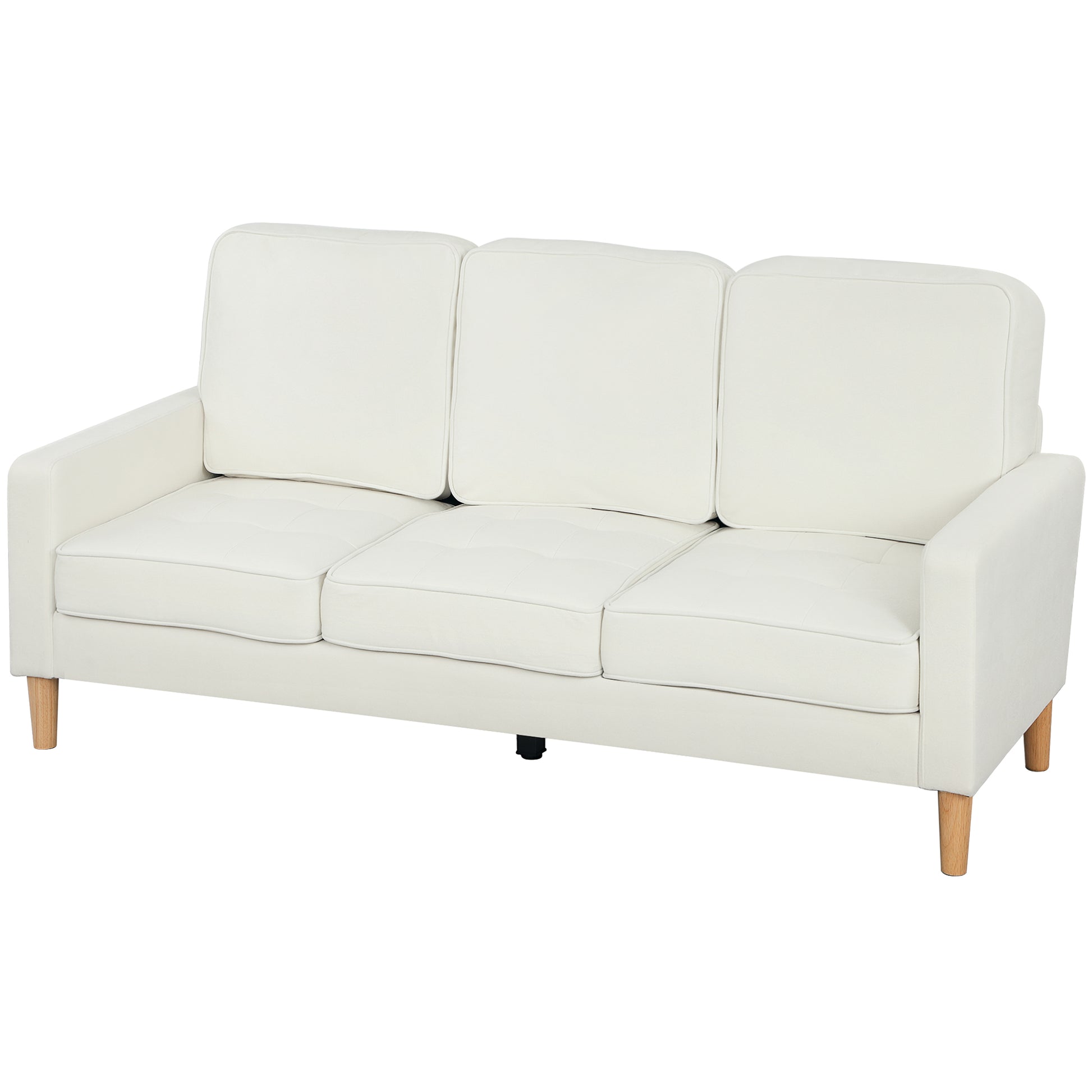 HOMCOM 3-Sitzer Sofa, Couch mit Armlehnen, Getufteter Rückenlehne, Loungesofa mit Samtoptik, Holzbeine, Gepolstert Polstersofa für Wohnzimmer, Schlafzimmer 185 x 79 x 82 cm, Cremeweiß   Aosom
