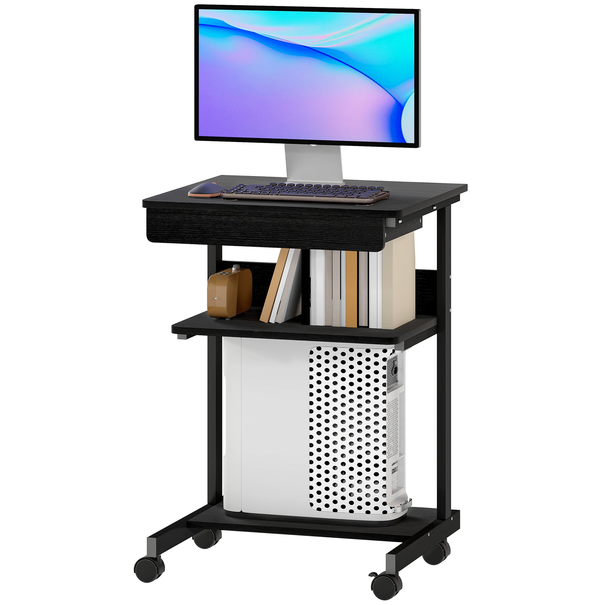HOMCOM Schreibtisch Computertisch, Bürotisch mit Schublade und 4 Rollen, 56x51 cm Schreibtisch mit 2 offenen Regalen, Arbeitsplatz mit CPU-Halterung für Arbeitszimmer, Schwarz   Aosom
