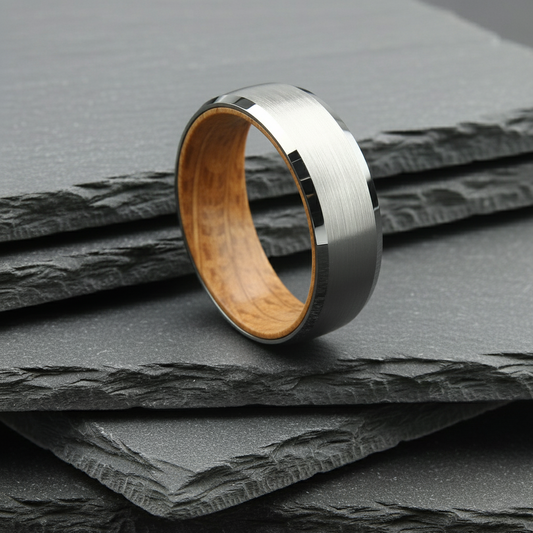 The Draco - 8mm Brushed Tungsten Bevelled Edge & Whisky Barrel Wood Ring