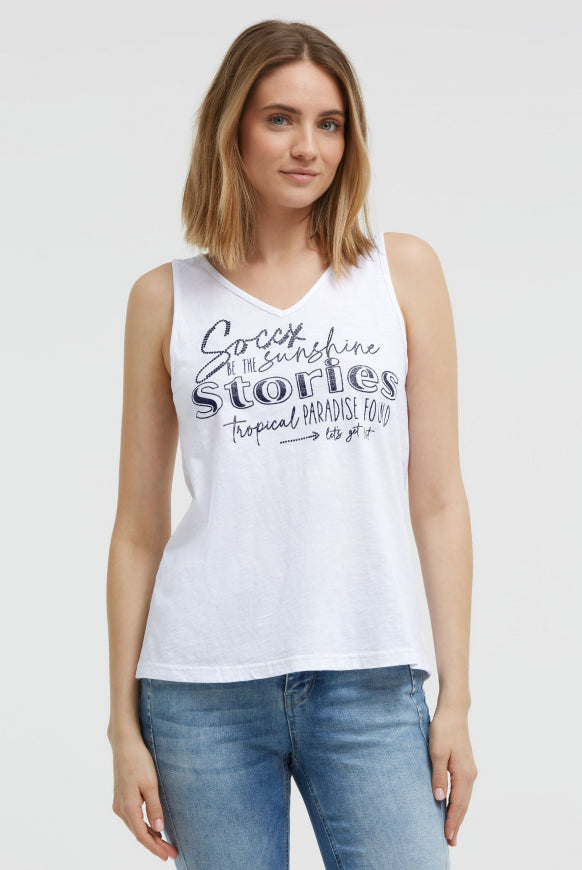 SOCCX Top mit V-Ausschnitt und Glitter Print - opticwhite