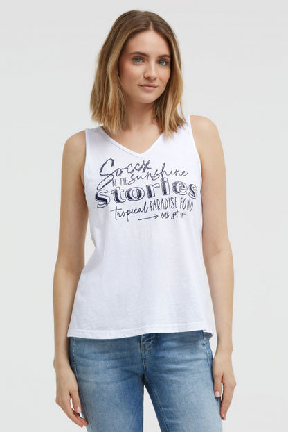 SOCCX Top mit V-Ausschnitt und Glitter Print - opticwhite