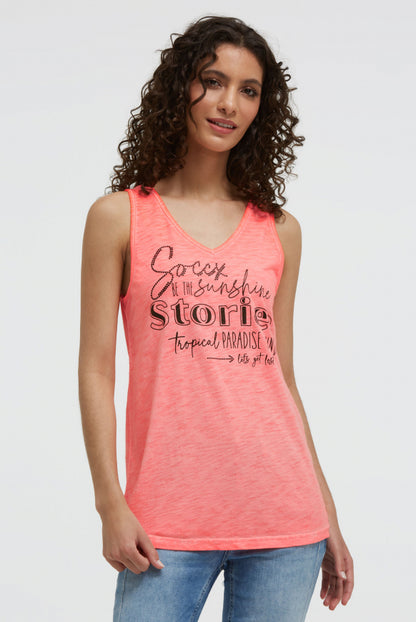 SOCCX Top mit V-Ausschnitt und Glitter Print - neon flame