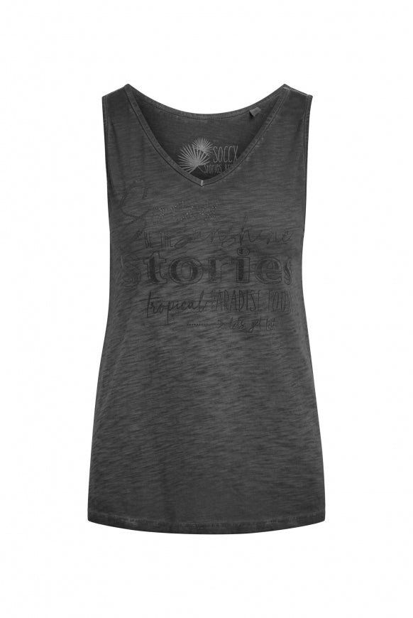 SOCCX Top mit V-Ausschnitt und Glitter Print - black