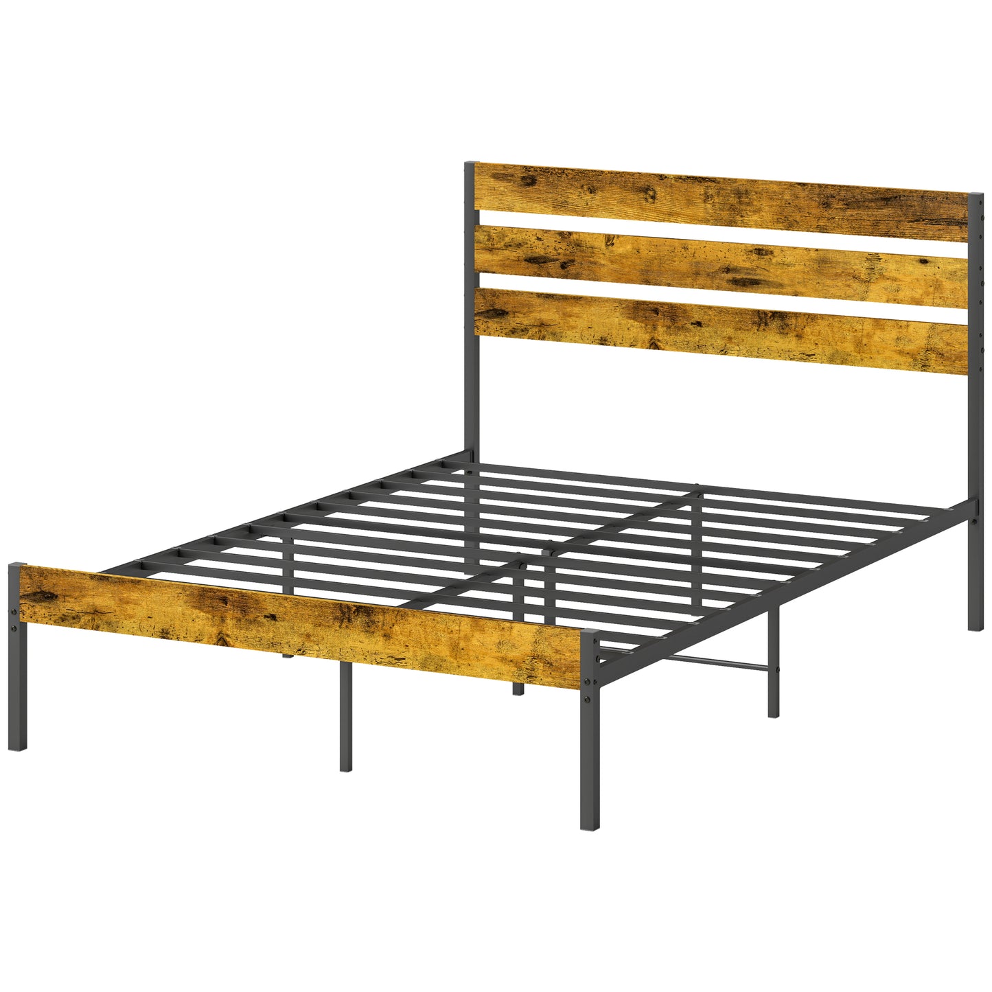 HOMCOM Doppelbettgestell 140 x 200 cm Industrie Doppelbett mit Stauraum unter dem Bett, Lattenrost, Kopf- und Fußteil - aus Holz und Stahl, dunkle Holzoptik und Schwarz   Aosom