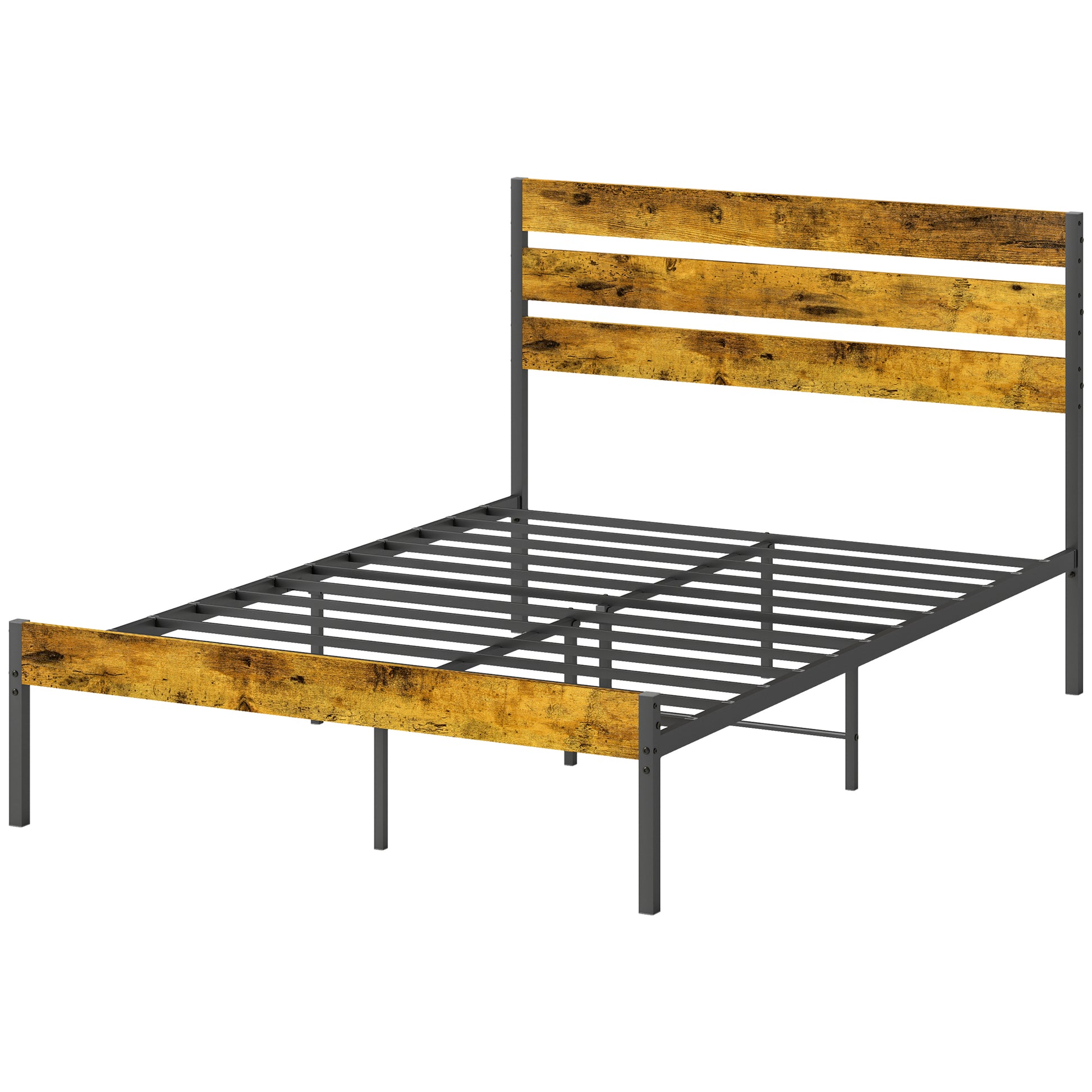 HOMCOM Doppelbettgestell 140 x 200 cm Industrie Doppelbett mit Stauraum unter dem Bett, Lattenrost, Kopf- und Fußteil - aus Holz und Stahl, dunkle Holzoptik und Schwarz   Aosom