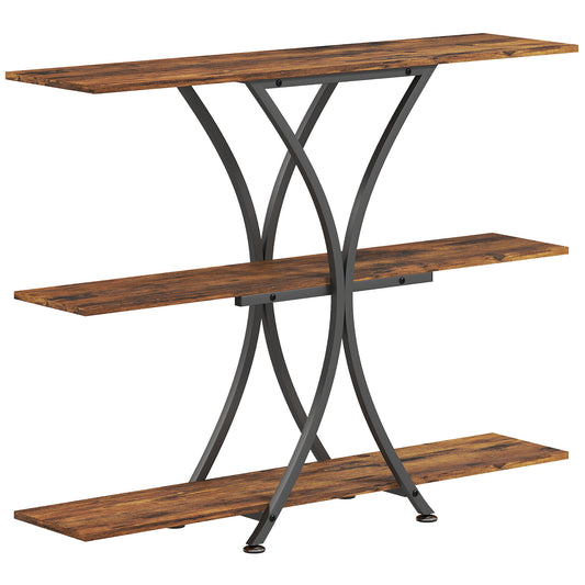 HOMCOM Konsolentisch mit 3 Ebenen, Sofatisch im Industrial-Stil mit 2 offenen Ablagen und X-förmigem Metallrahmen, schmale Konsole für Wohnzimmer, Flur, Eingangsbereich, Rustikales Braun   Aosom