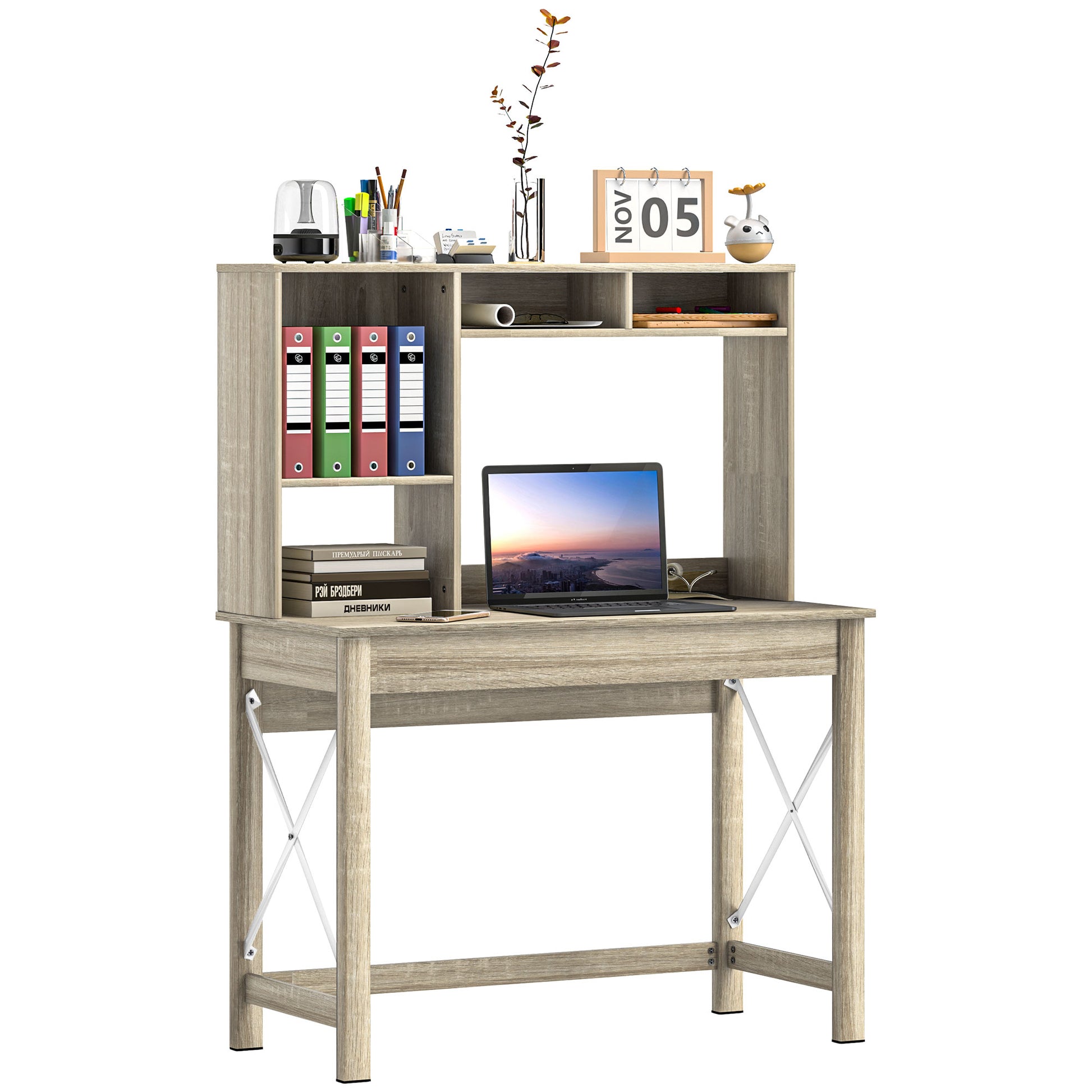 HOMCOM Schreibtisch mit Aufbewahrung, Bücherregal, moderner Holzschreibtisch mit Regalen und großer Platte für kleine Räume Homeoffice-Schlafzimmer, 105 x 50 x 137,5 cm, Eichenoptik   Aosom
