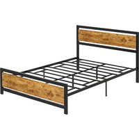 HOMCOM Einzelbettgestell aus Holz und Stahl 147x208x103cm mit integrierten Lattenrosten und Industriedesign Kopf- und Fußteil, Schwarz und Rustikales Braun   Aosom