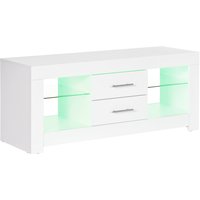HOMCOM TV-Schrank 55" mit LED-Lichtern in 12 Farben und Fernbedienung, Wohnzimmertisch aus Holz mit Glasregalen 120x40x50cm, Weiß   Aosom