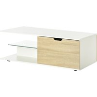 HOMCOM Couchtisch rechteckig zeitgenössisches Design 2 Schubladen 2 Fächer gehärtetes Glas Regal Spanplatten weiß Eiche-Holzoptik 106 x 58 x 39 cm weiß   Aosom